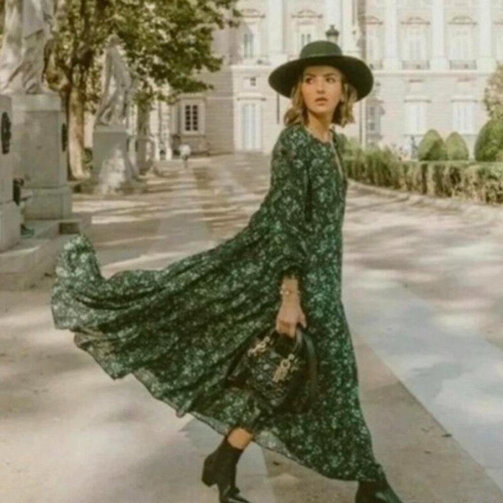 ZARA THE ANGEL DRESS FLORAL MIDI IN GREEN/BLACK Sz. XS